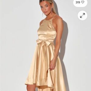 Light Up My Love Champagne Satin High-LowSkater Dress